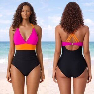 XL Hot Pink Orange Black Color Block  V Neck One Piece Swimsuit
